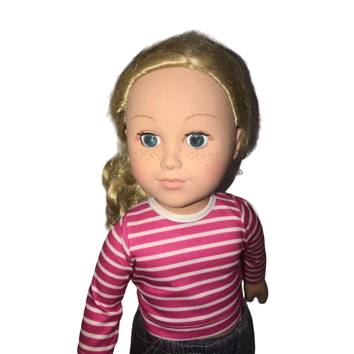 Blonde Doll with PInk and  White shirt,  Cabbage Patch denim pants and shoes - Cute fun Vinyl Doll