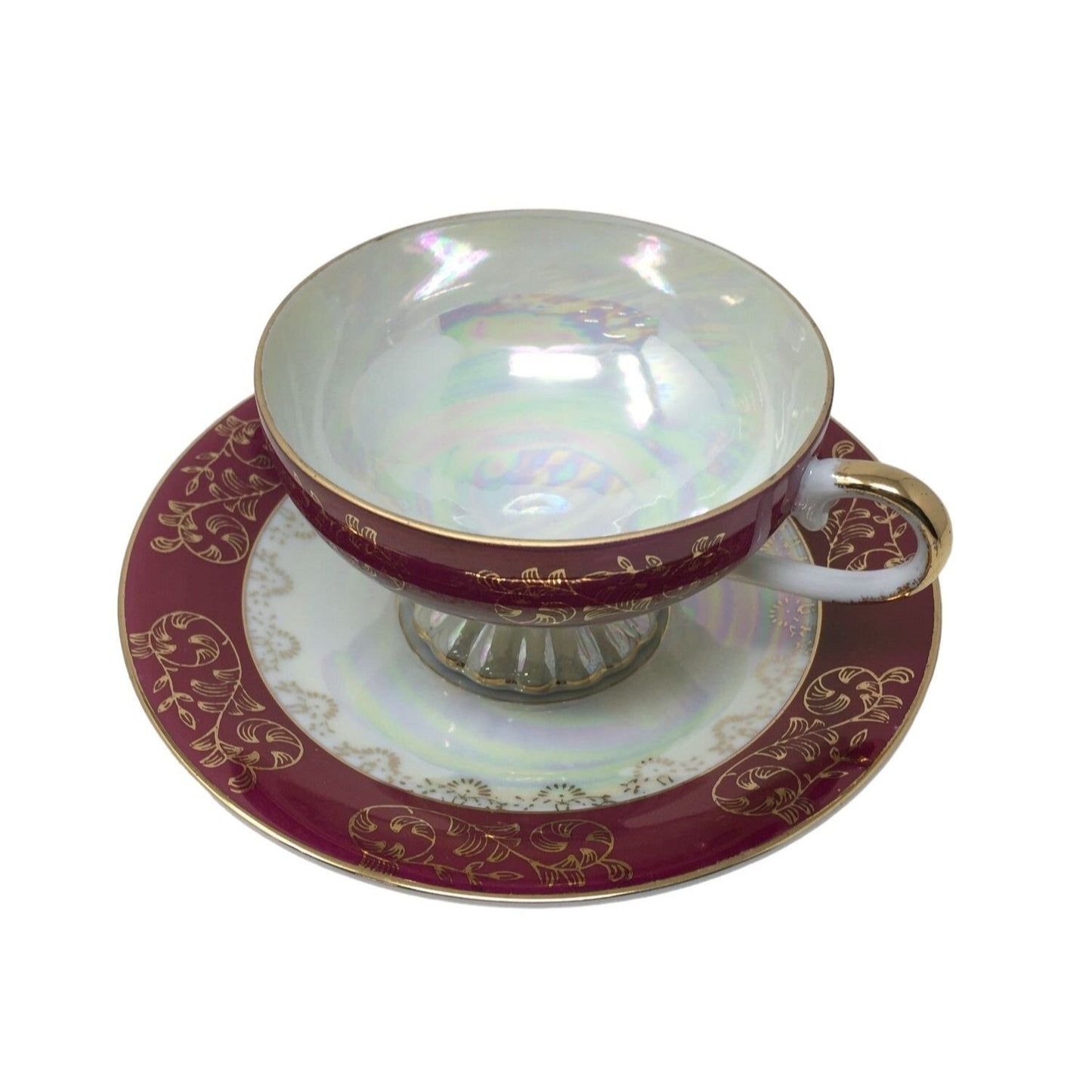 Beautiful Teacup and Saucer Set - Red and White with Gold Accents - Footed Teacup w Iridescent Finish