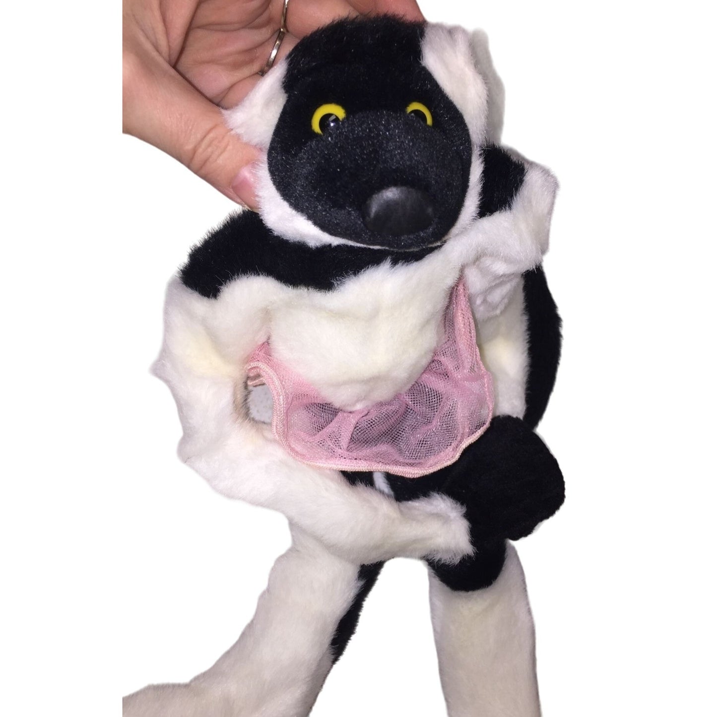 Vintage WILD REPUBLIC White and Black Lemur with Yellow Eyes, Black Tail and Pink Tutu - Animal Plush