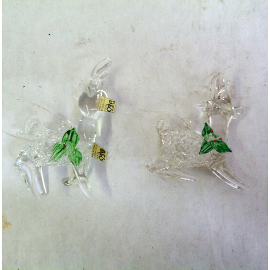 (2)Vtg Clear Glass REINDEER w MISTLETOE Xmas ORNAMENT  Enesco 1987