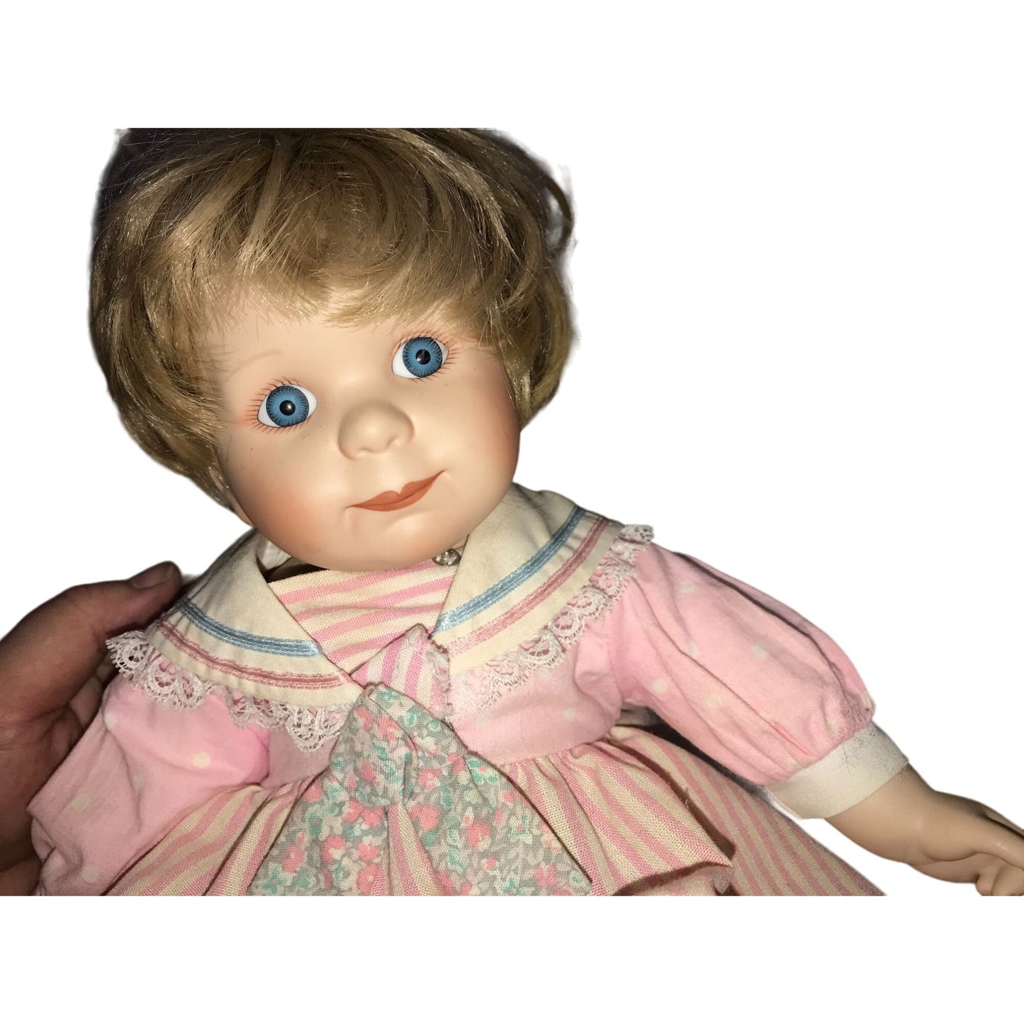 Jennifer Schmidt MEG 'Precious Pairs' Porcelain doll 1991 - Pink Stripe Dress Big Blue Eyes