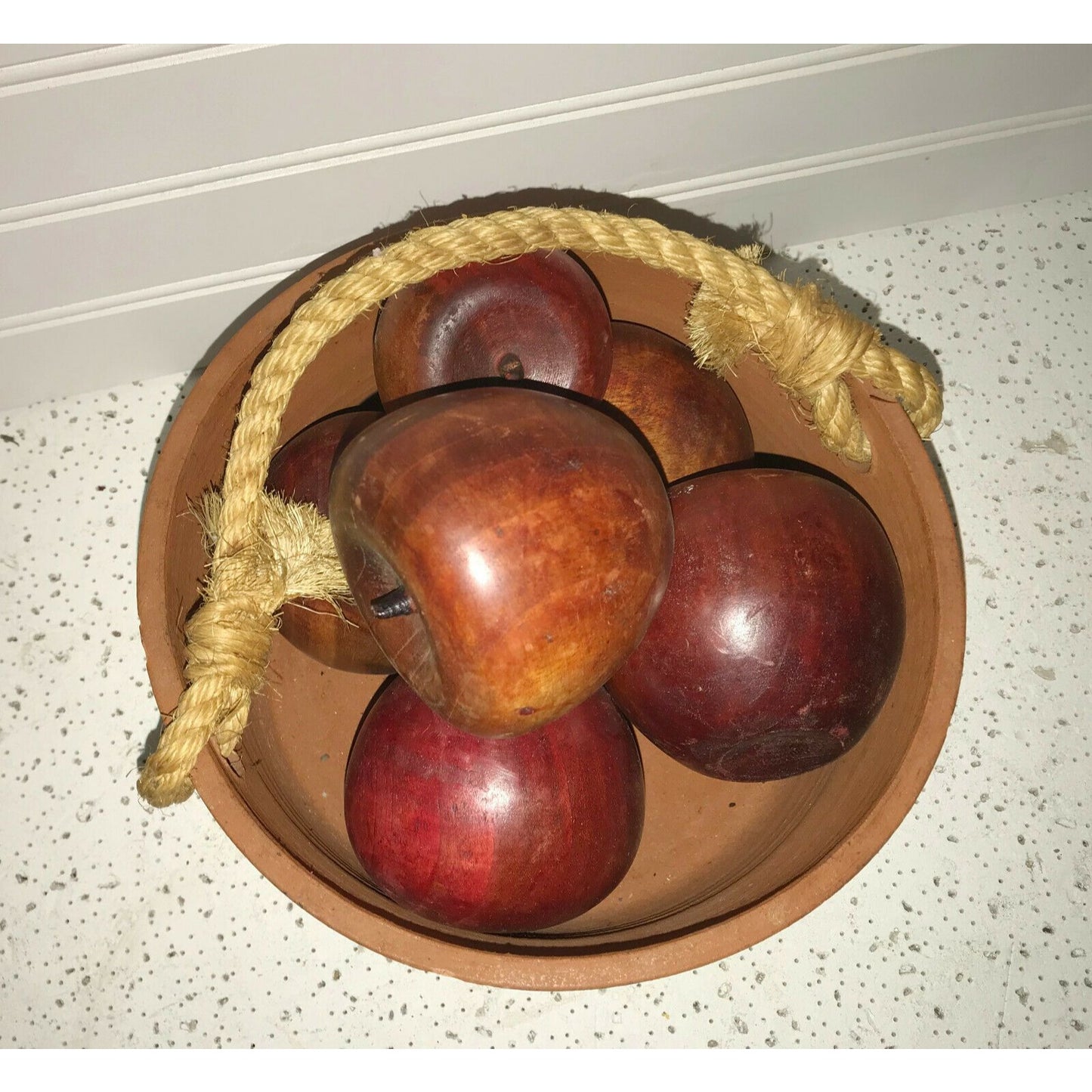 WOODEN APPLES Six Apples in Terra Cotta Basket Table Decor 1 Eaten