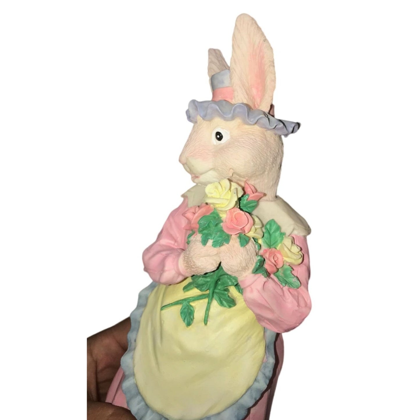 Easter decor - Dressed Up Rabbit Holding Bouquet of pink and yellow roses - Holiday Decor