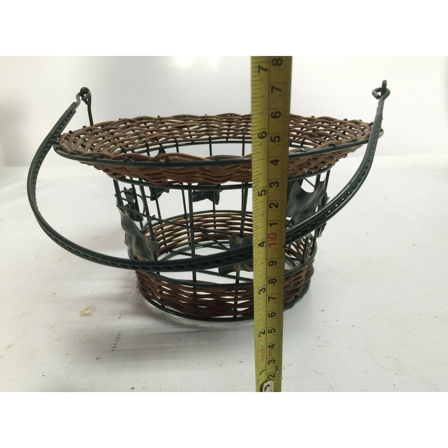 Decorative Metal Wire Basket w Wicker & Tall Handle - Metal Leaves