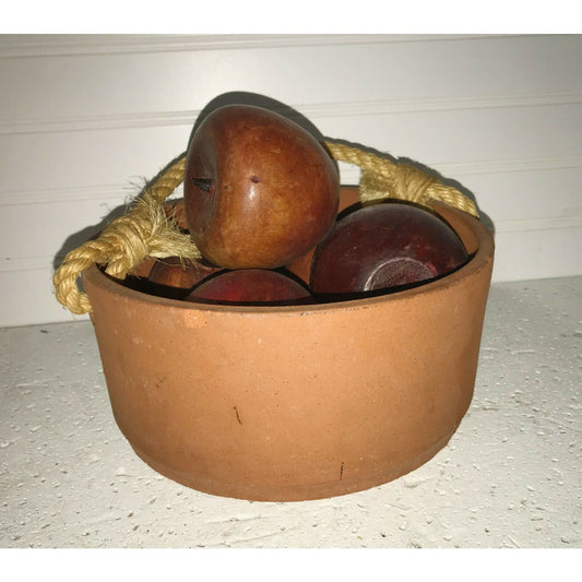 WOODEN APPLES Six Apples in Terra Cotta Basket Table Decor 1 Eaten