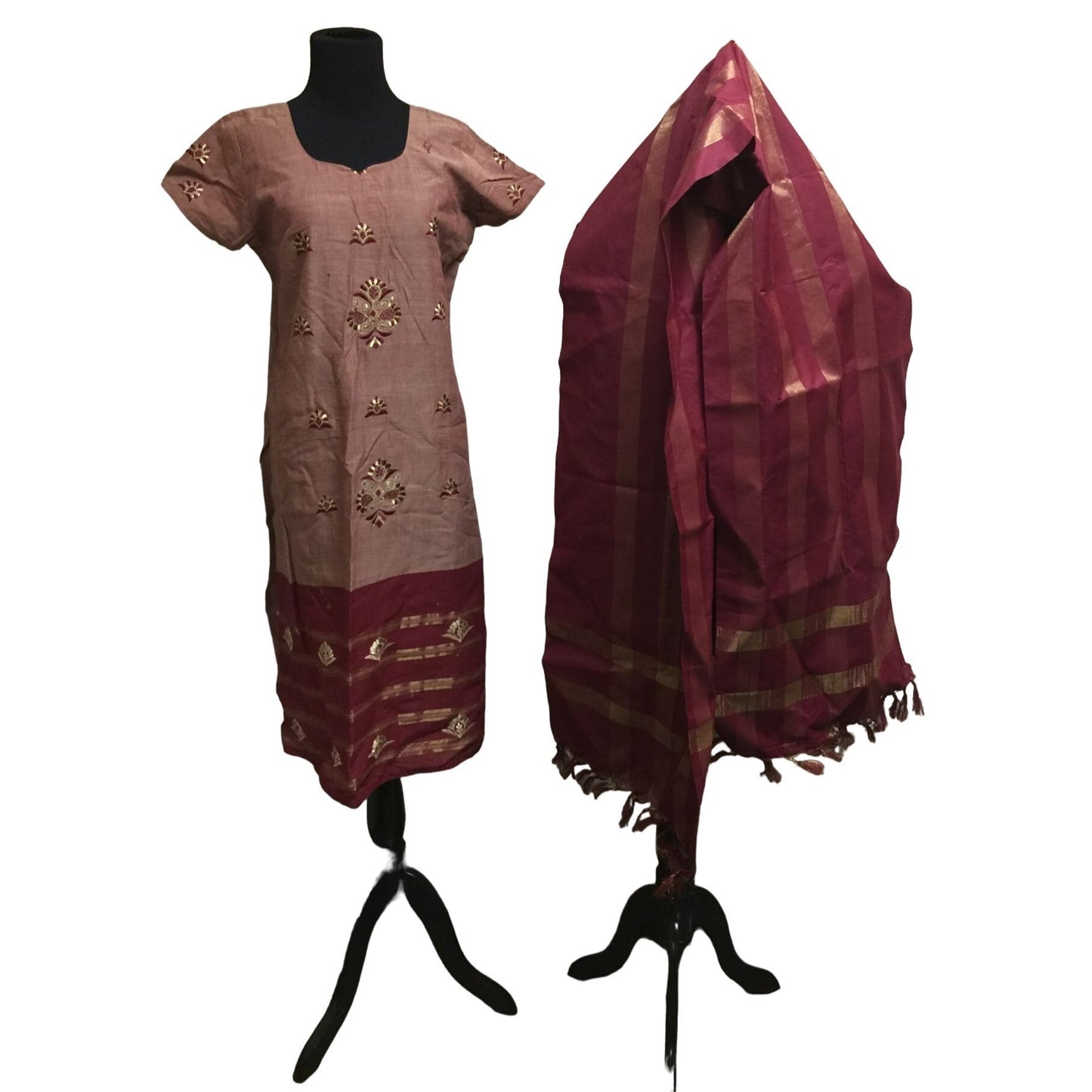 Short Sleeved Kurta with Scarf - Deep Red/Maroon and Gold