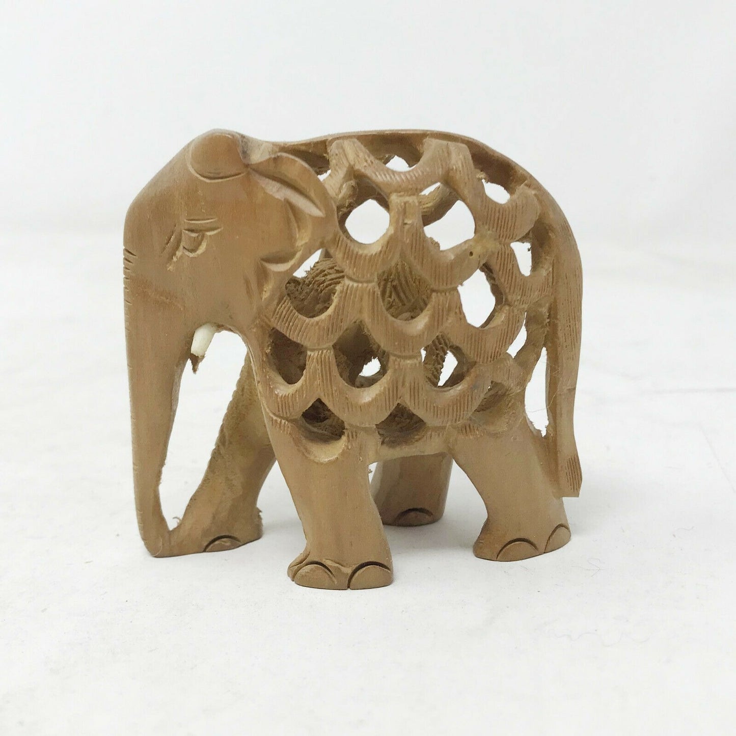 Wooden Hand Carved Elephant with Baby in Lattice Work Stomach