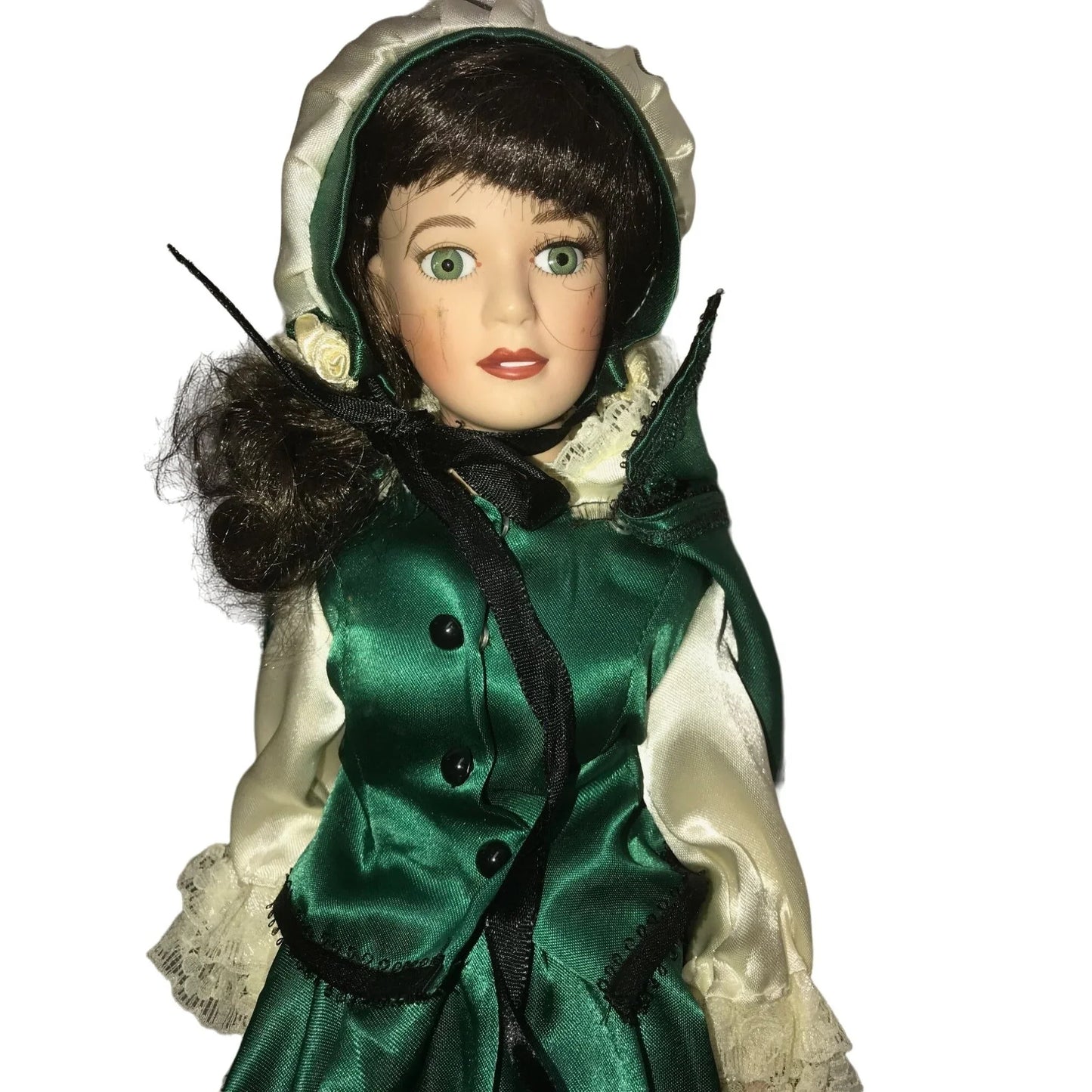 Royalton Collection 1998 porcelain doll - dark hair green silky dress - wig coming loose (need re-glued) - bright beautiful eyes - shoes pai Royalton Collection  A+ Stuff