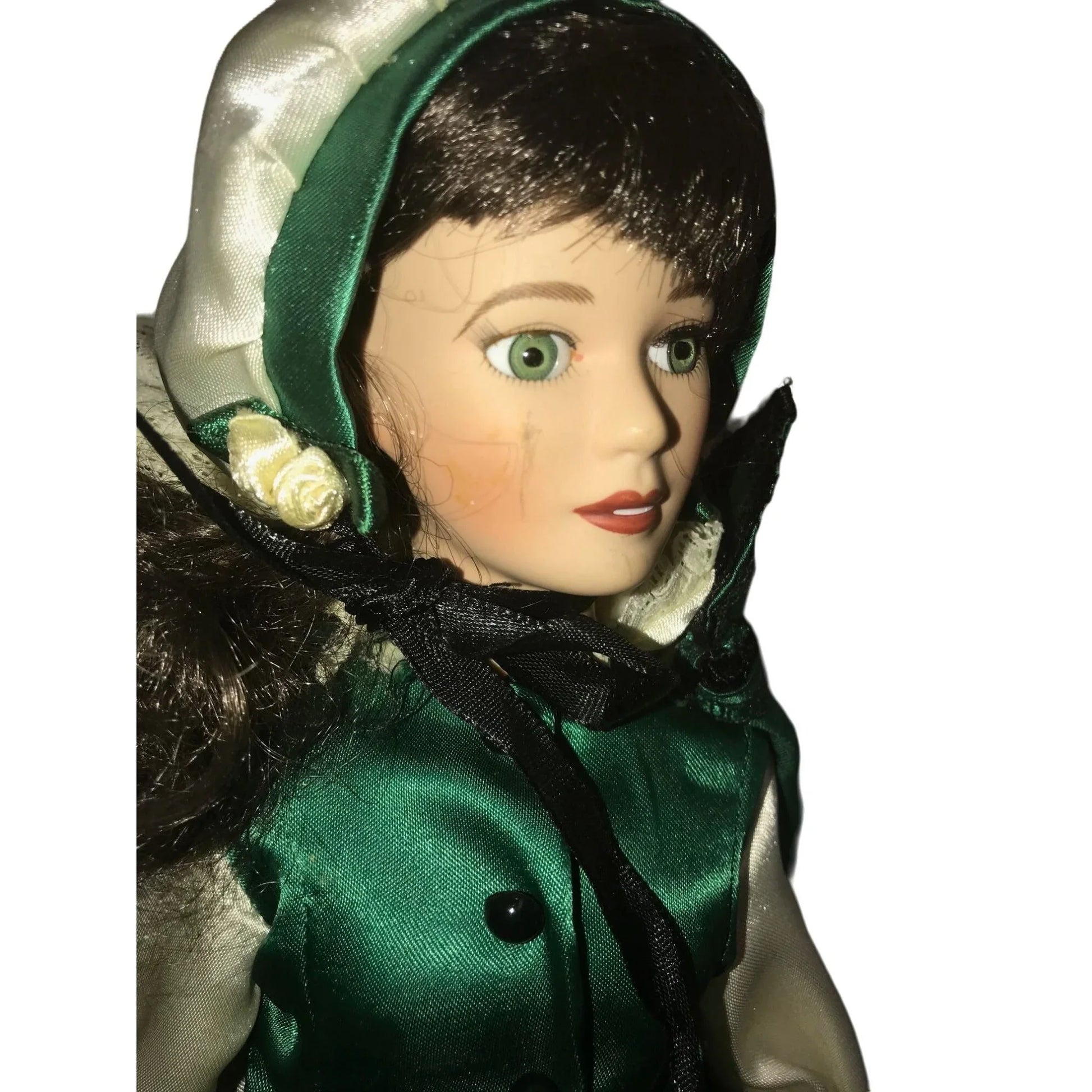 Royalton Collection 1998 porcelain doll - dark hair green silky dress - wig coming loose (need re-glued) - bright beautiful eyes - shoes pai Royalton Collection  A+ Stuff