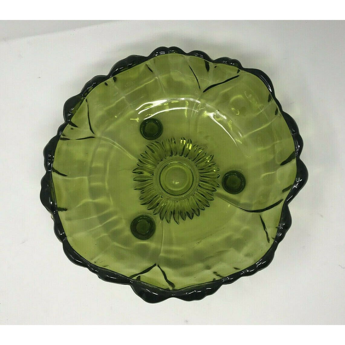 SUNFLOWER Indiana Glass AVOCADO Green Large 11" FOOTED Fruit Bowl