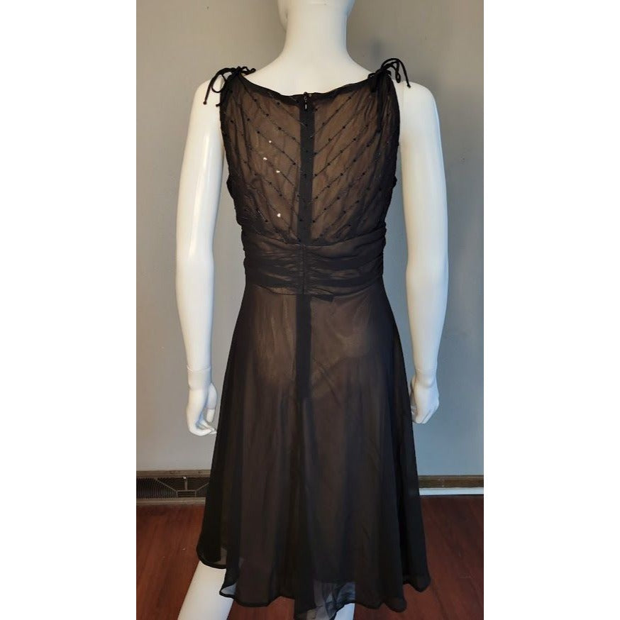 Connected Women's Black Cocktail Dress - Sheer black over nude bodice/ liner - Size 8 Petite - sequin accents on top half of dress Evening D