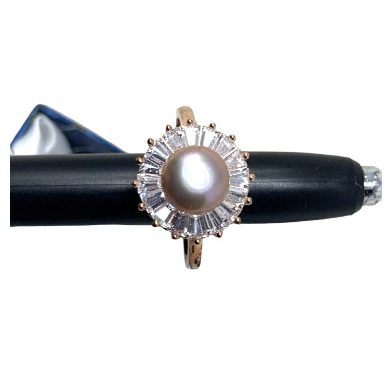 Sterling Ring - Large Pearl-like stone with Pretty Burst of gems surrounding. Gold Tone