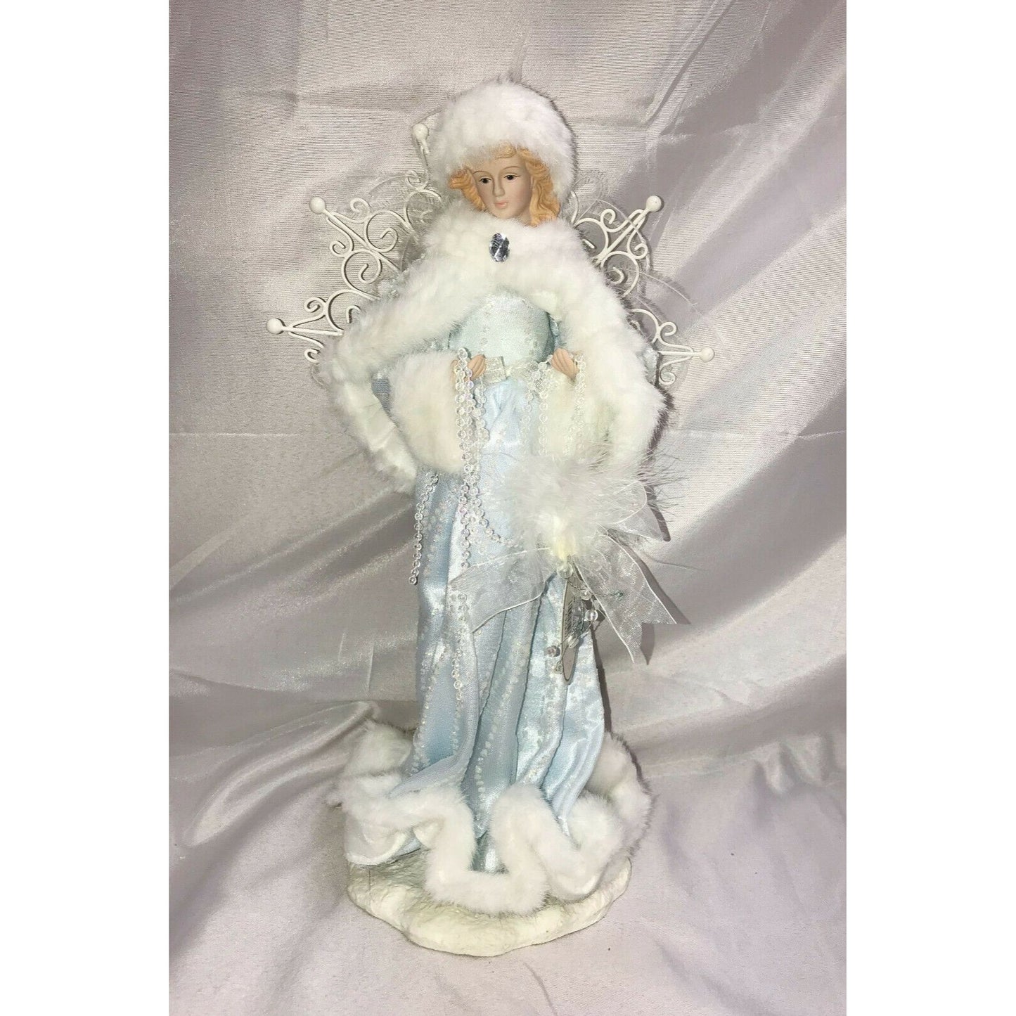 Porcelain Christmas Angel on Base White Fur & Blue Gem Beads Gown