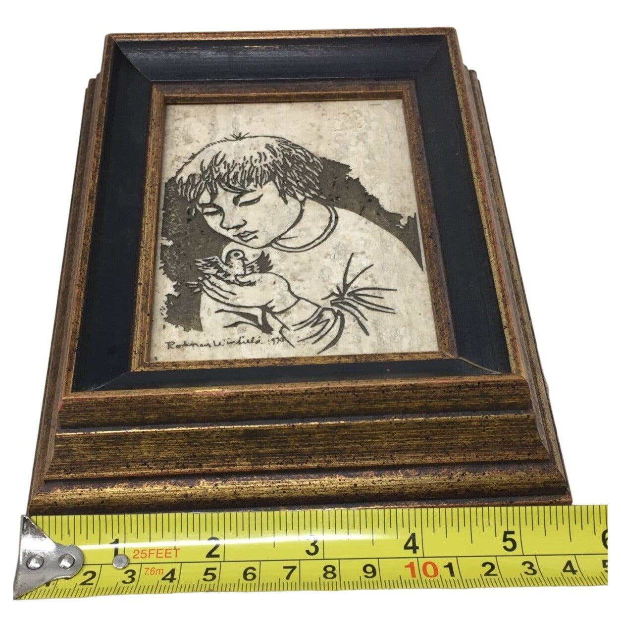 Vintage (1970s) Rodney Winfield Art Boy with Dove - on Marble (Travertine) Signed - In Beautiful Frame