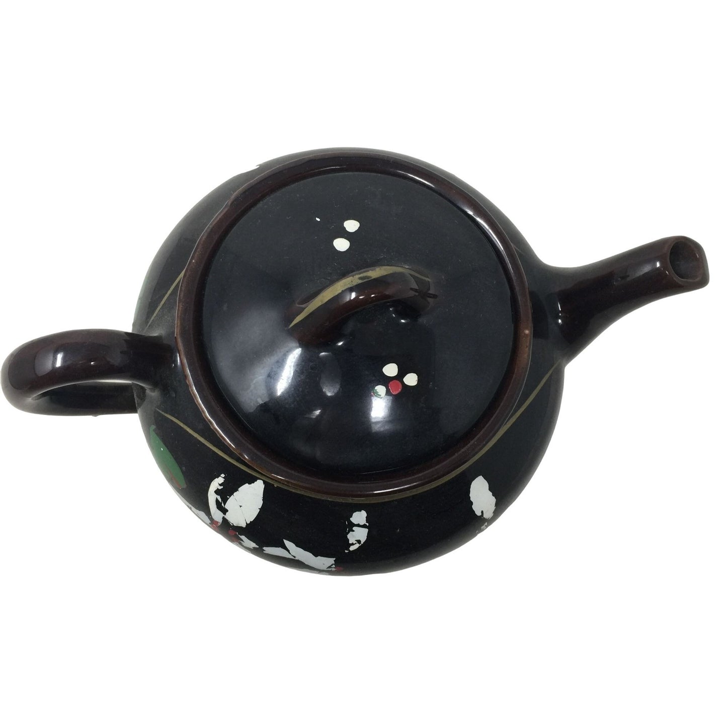 Lidded Black Teapot with White and Red Abstract Flowers