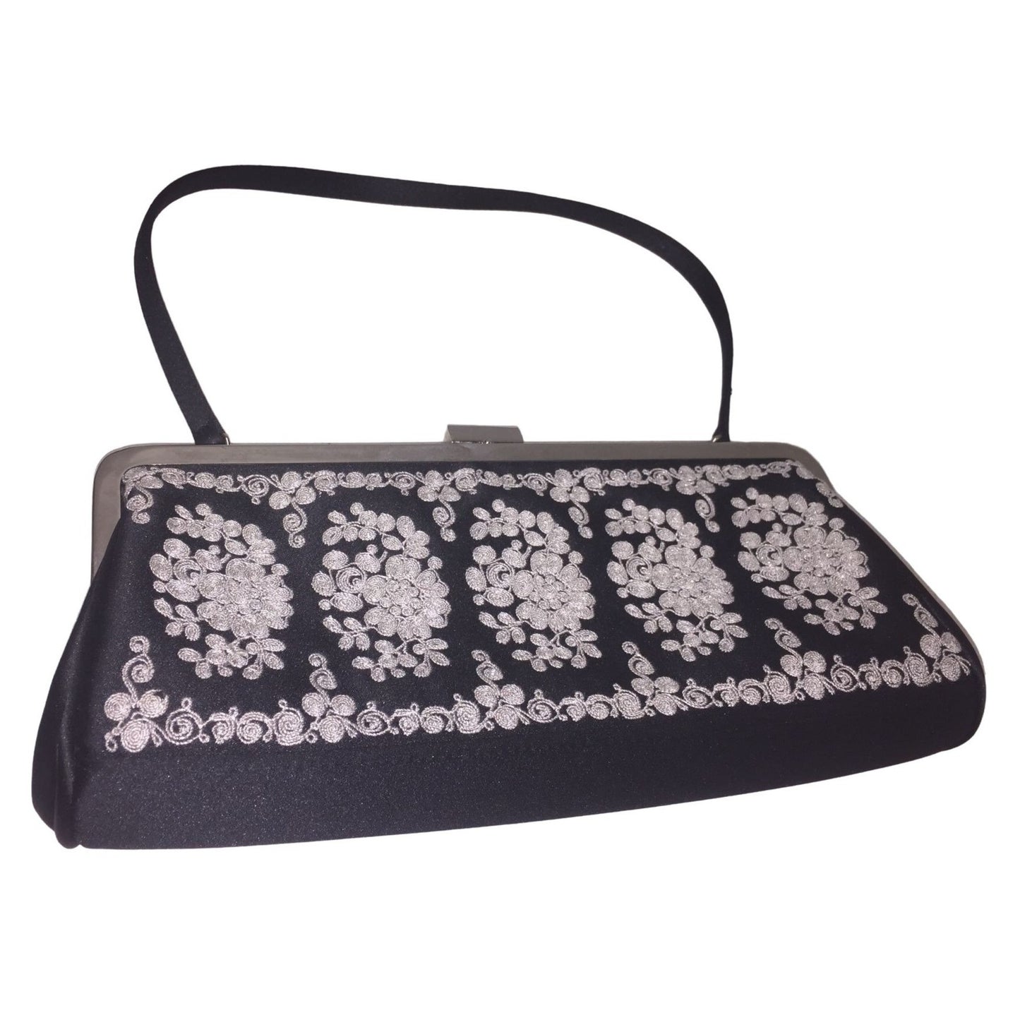 Kate Landry Ornately Embroidered Clutch Evening Bag - Shoulder and Hand Strap - Black & White