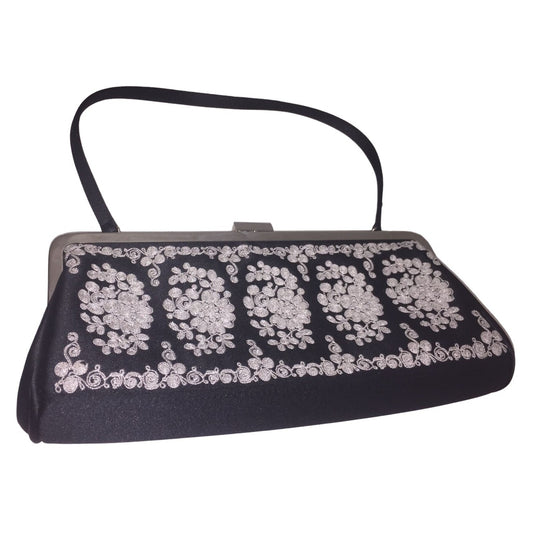 Kate Landry Ornately Embroidered Clutch Evening Bag - Shoulder and Hand Strap - Black & White