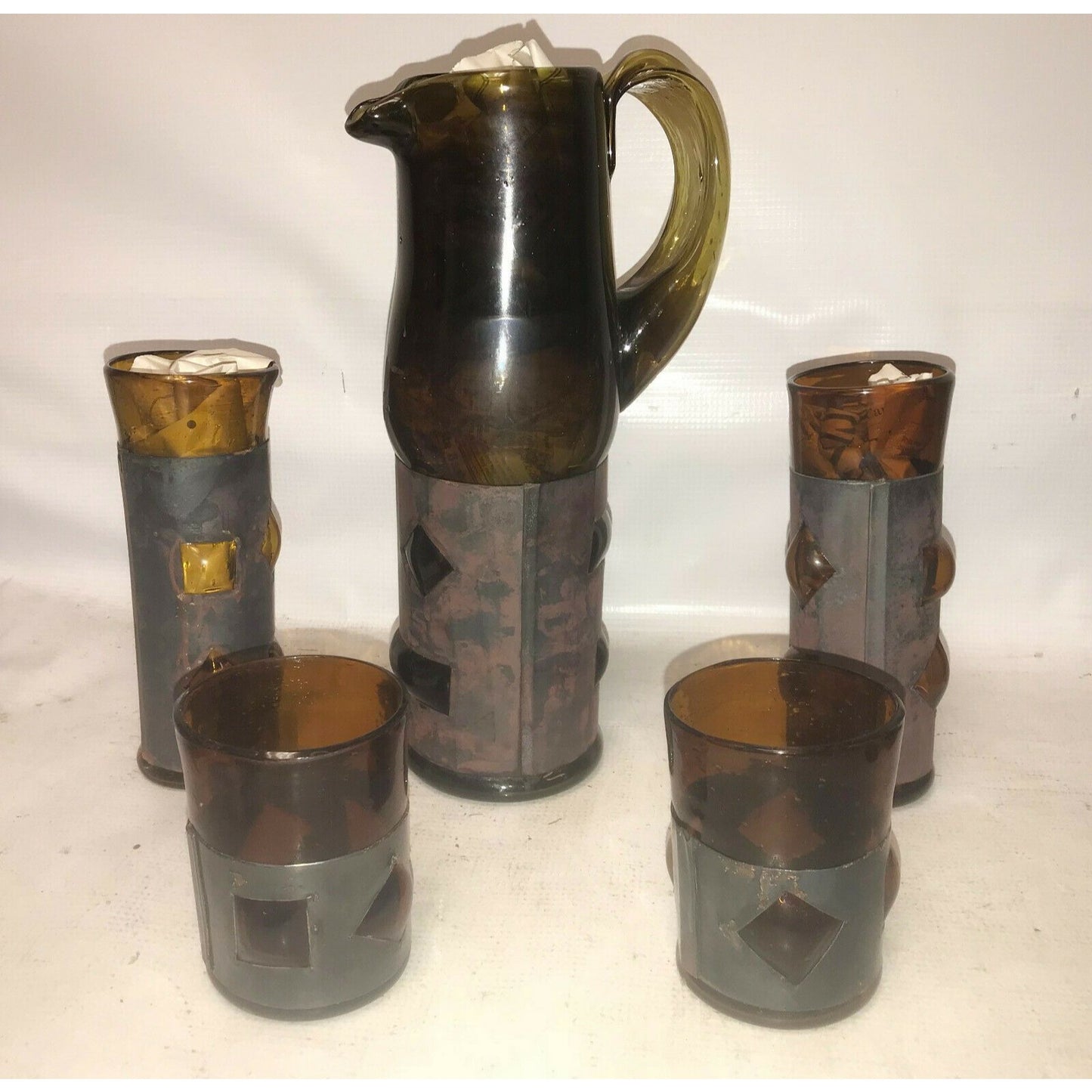 UNIQUE Amber CAGED GLASS Pitcher w Tumblers (20 & Glasses (2)