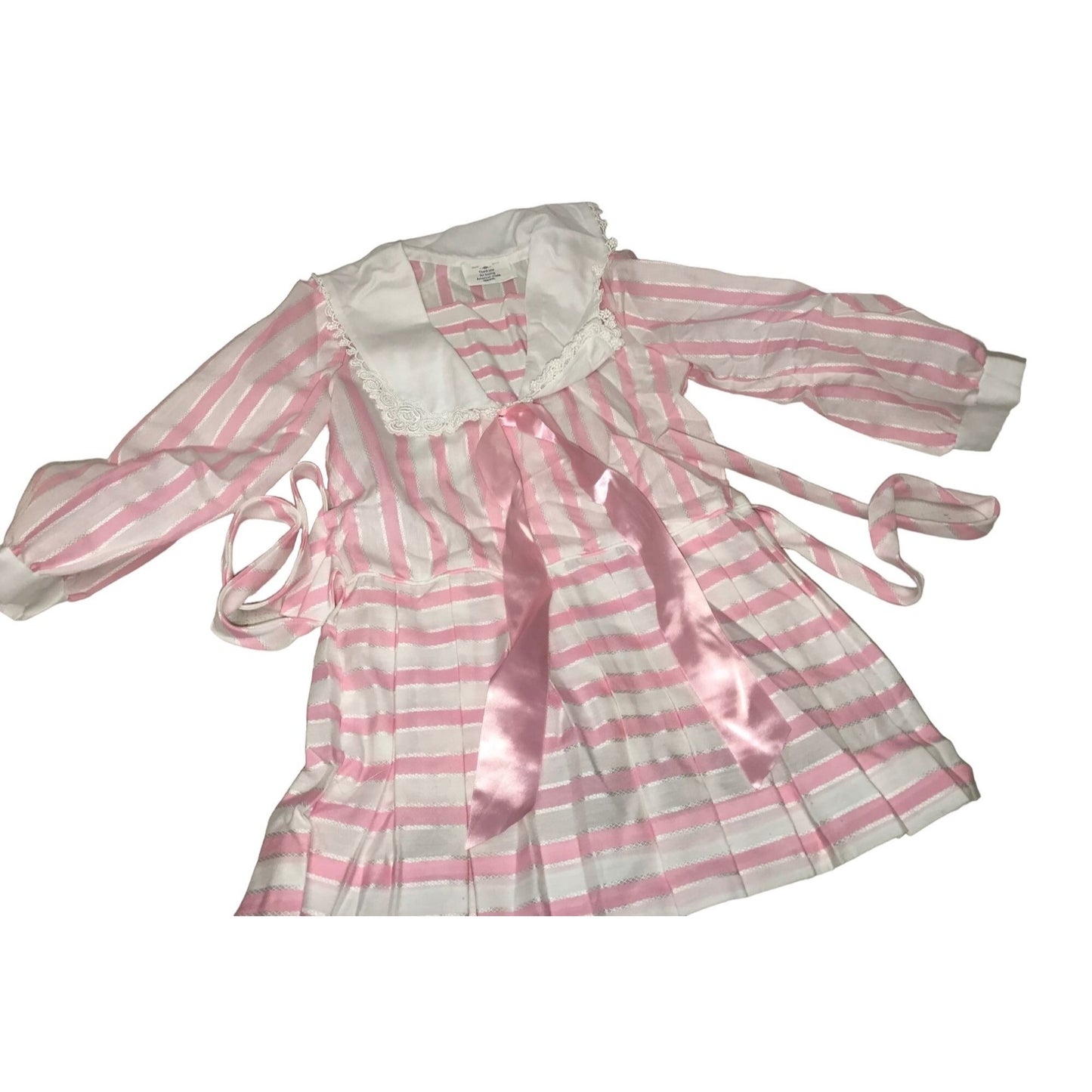 Vintage Girls Dress - Pink and White Stripe Pattern with Ribbon and wide Foldover Collar size 6T