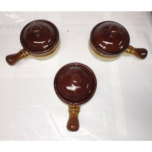 Stoneware HANDLED BOWLS w LIDS Set of 3 Brown French Onion Soup