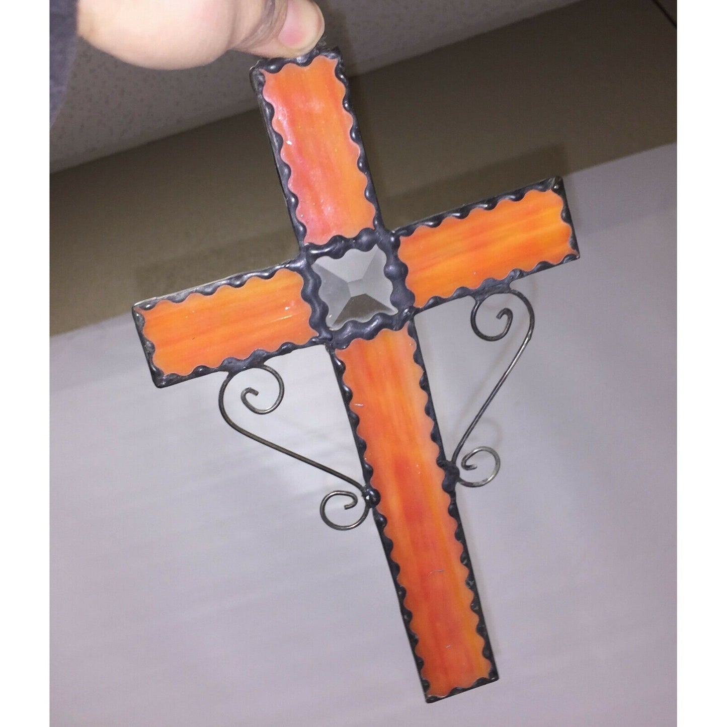 STAINED GLASS and Metal CROSS Sun Catcher Orange White 9" BY 5.25"