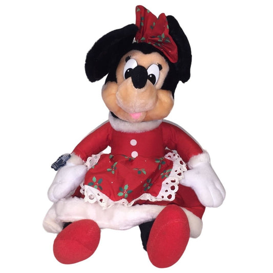 Vintage MINNIE MOUSE Christmas Plush by Applause - Red Dress Holly Bow - Red Mrs Claus Dress