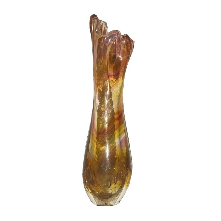 MARTY CHRISTY 2003 Beautiful ART GLASS Bud Vase - Orange and crimson swirl white and Clear Signed and INSCRIBED 'Merry Christmas, Sally' - L