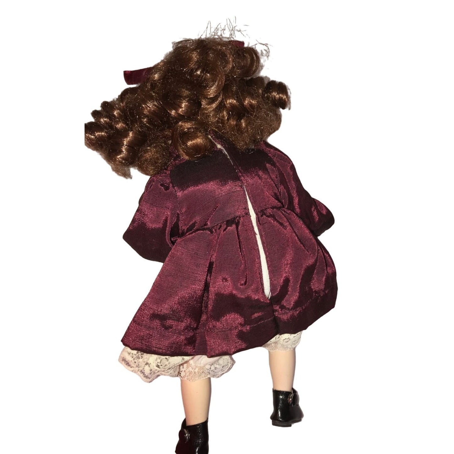 Cute Bright Eyed Brunette Porcelain Doll (Sitting Position) - Burgundy Dress and Mary Jane SHoes