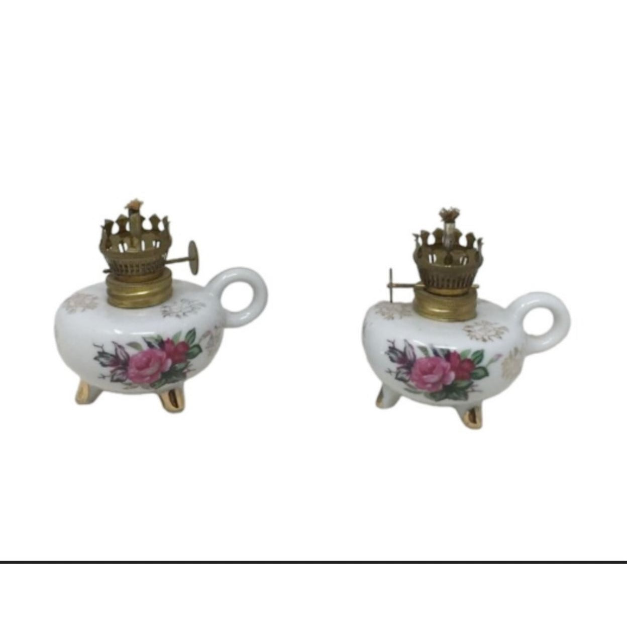 White with Pink Rose Oil Lamp Set -2 Smaller Lamps with loop handles