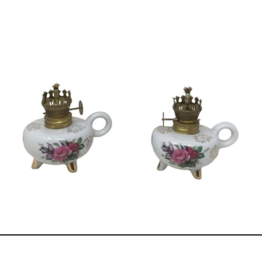 White with Pink Rose Oil Lamp Set -2 Smaller Lamps with loop handles