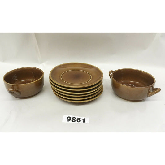 Vintage Stoneware Cup (Bowl?) Set w Saucers - Retro Color & Style