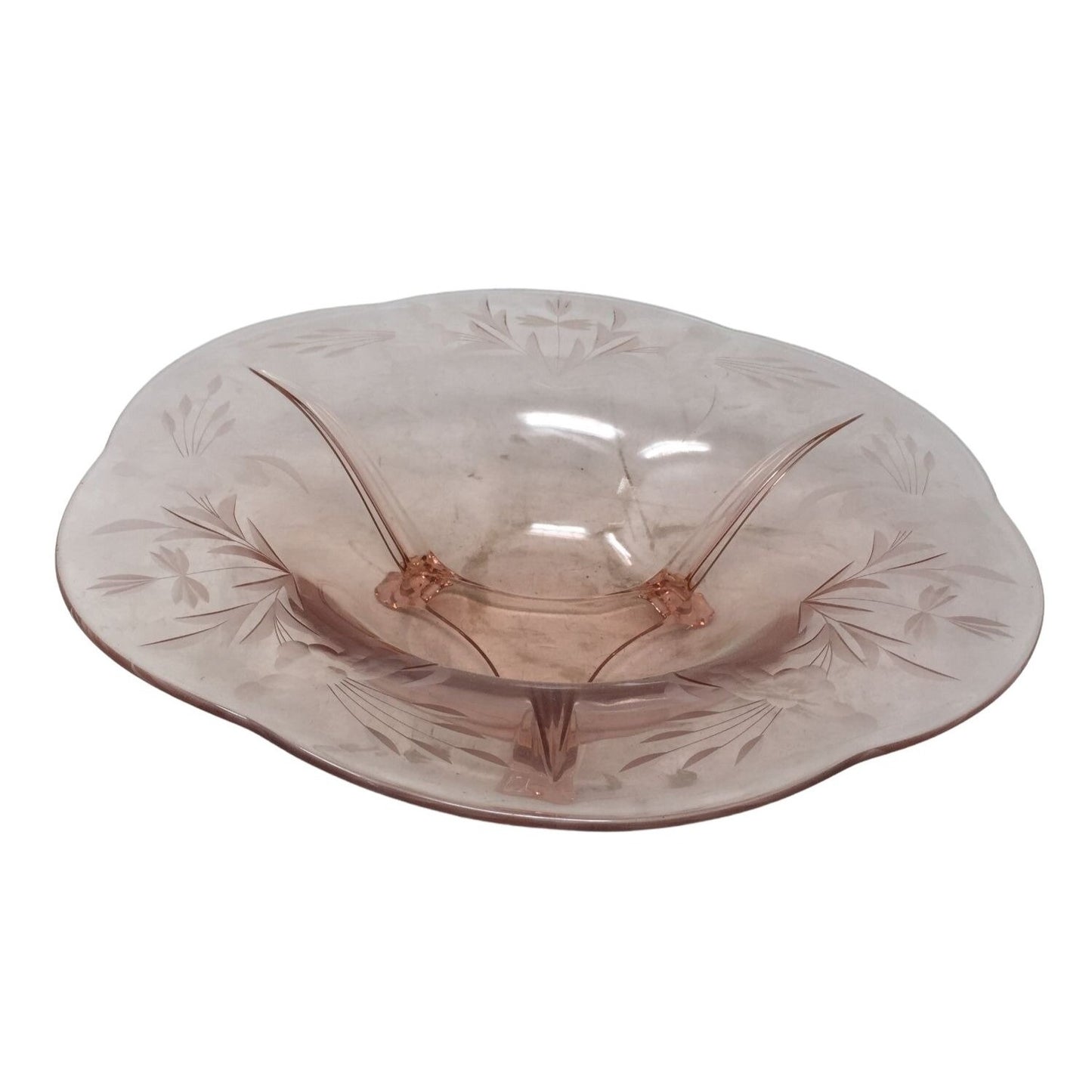 Beautiful Rose Carnival Glass Dish with Very Wide Scalloped Edge Rim -  Embossed with wheat / foliage