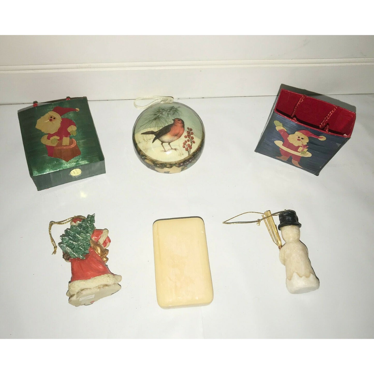 Vintage Holiday CHRISTMAS TREE Ornaments & Soap Snowman Santa BIrd