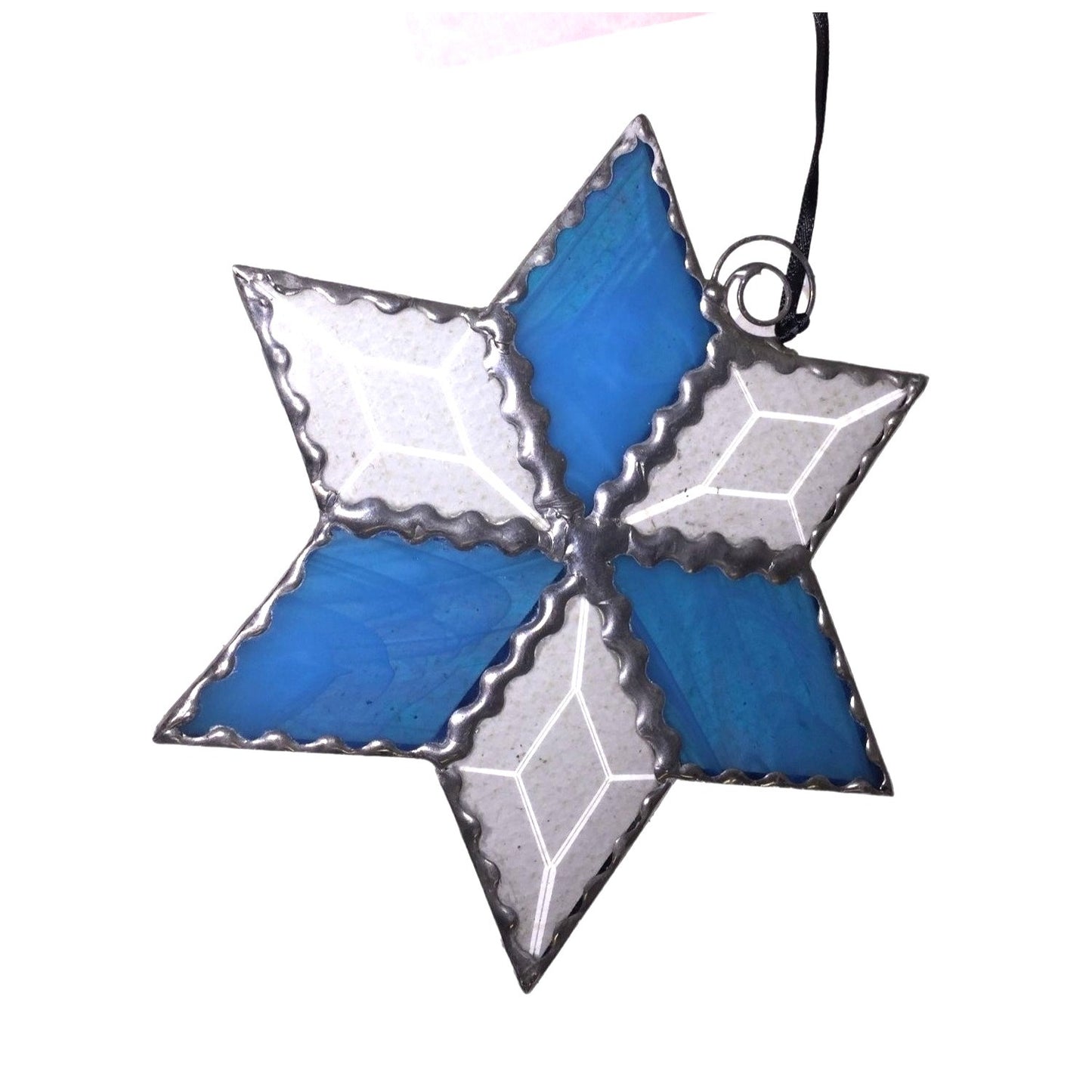 STAINED GLASS Star Shaped Sun Catcher. BLUE & Bevelled WHITE 6" Diameter