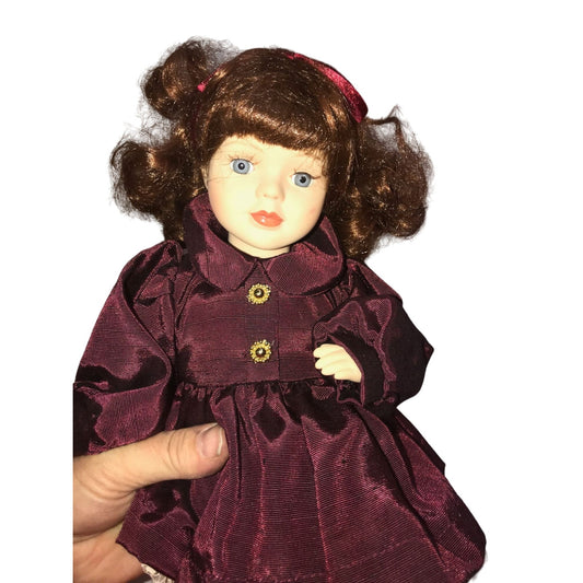 Cute Bright Eyed Brunette Porcelain Doll (Sitting Position) - Burgundy Dress and Mary Jane SHoes