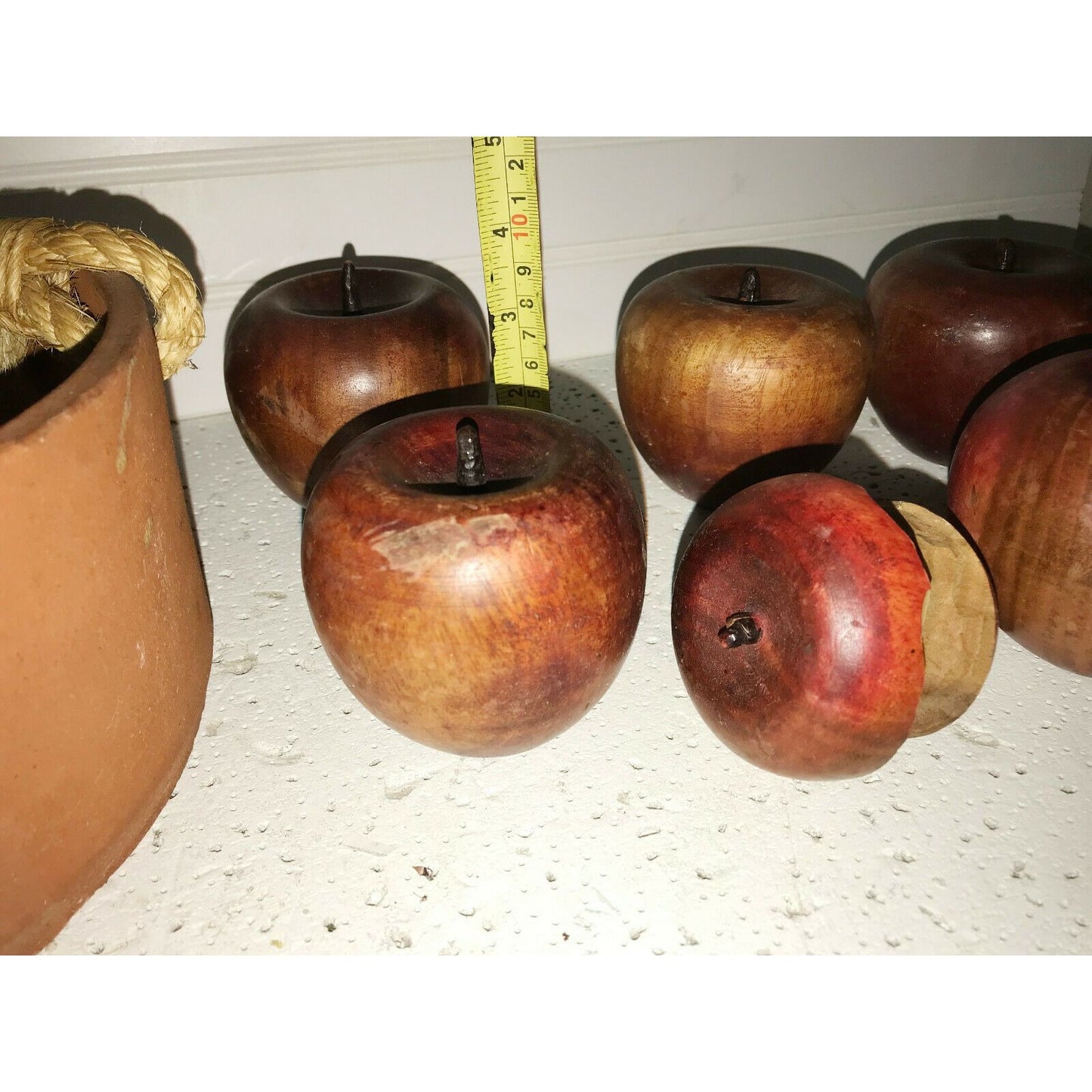 WOODEN APPLES Six Apples in Terra Cotta Basket Table Decor 1 Eaten