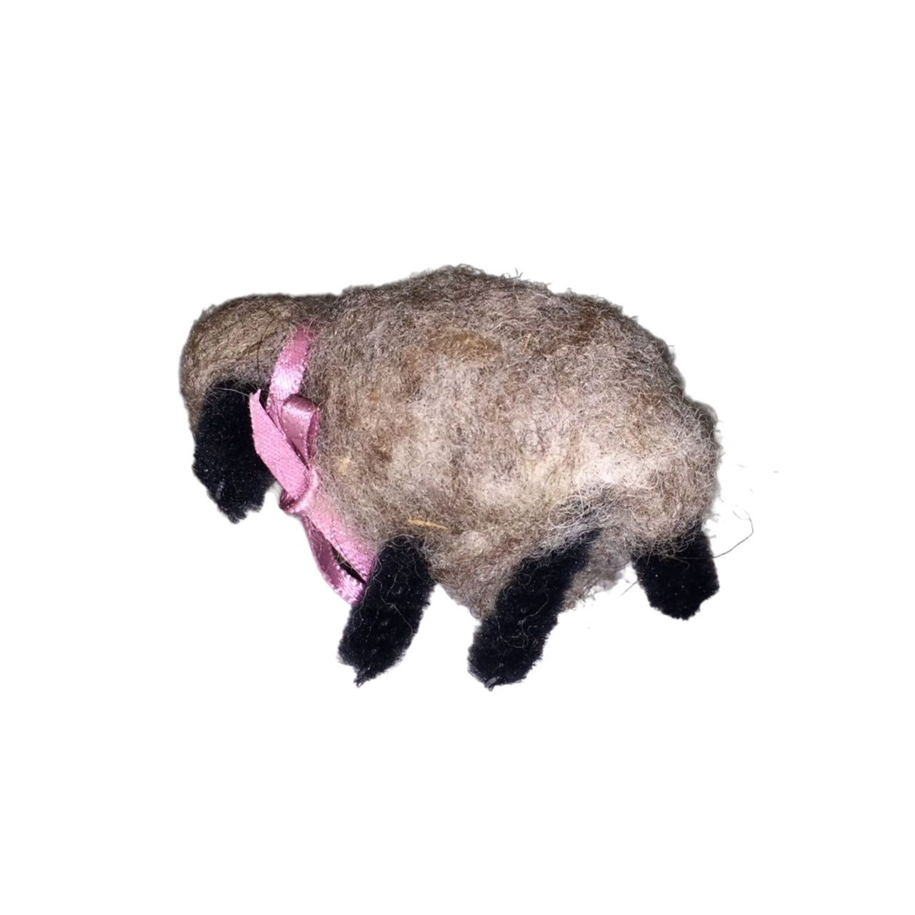 Brownish Dark Wool Sheep with Black Accents - Pink ribbon and bell  Handmade