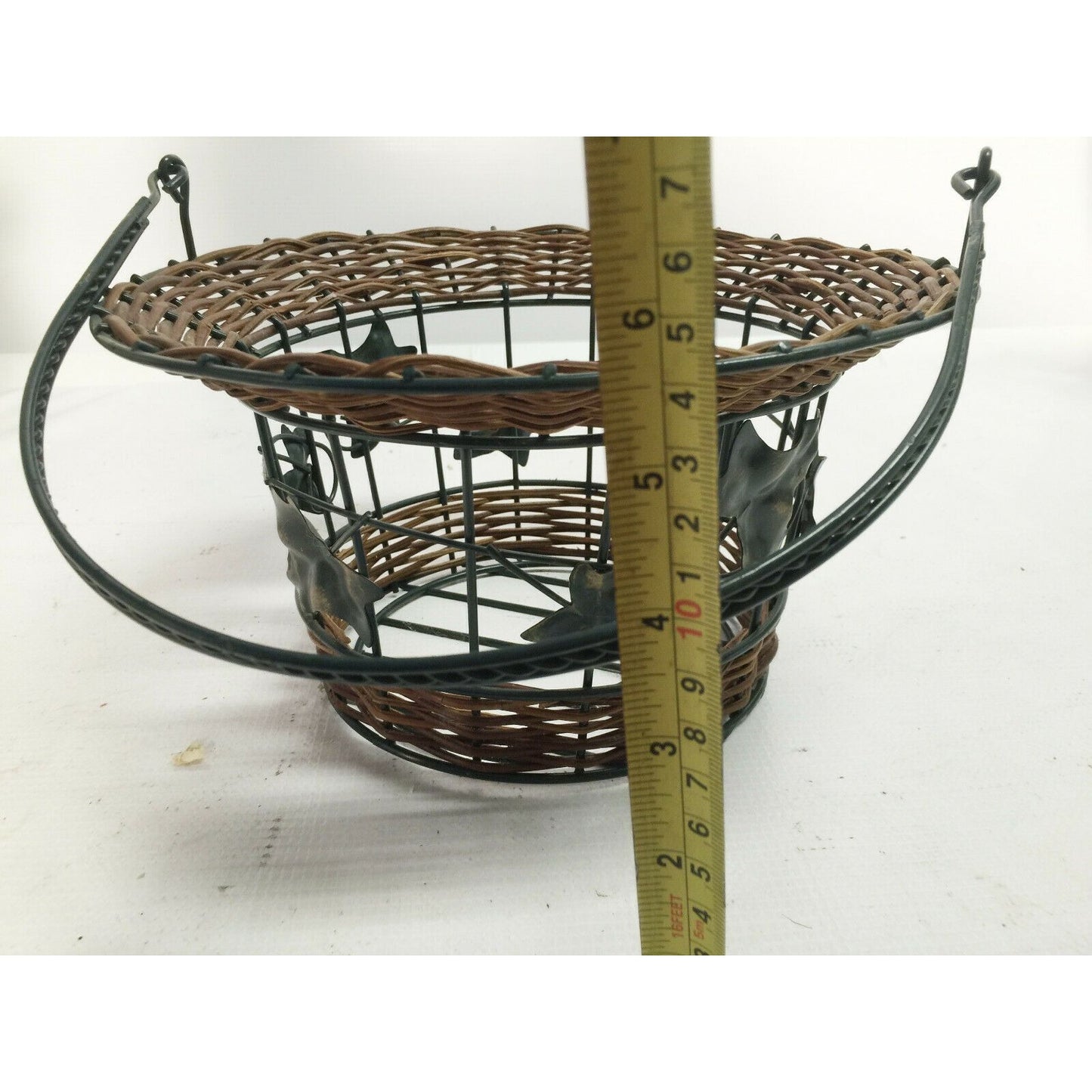 Decorative Metal Wire Basket w Wicker & Tall Handle - Metal Leaves