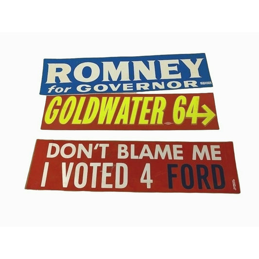 Set of 3 Vintage Political Bumper Stickers - Romney for Governor - Goldwater 64 - Don't Blame me I voted 4 Ford! - Politics - election