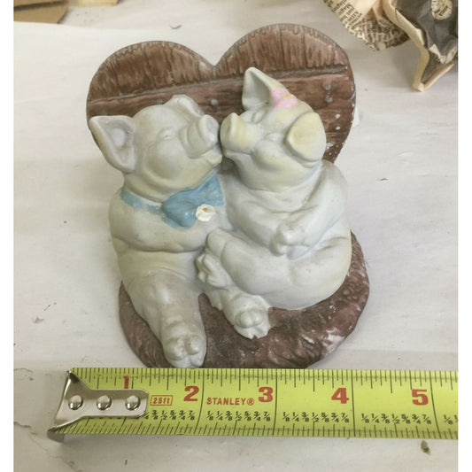 Kissing Pigs Figurine - Sitting on Heart w blue bow and pink bow