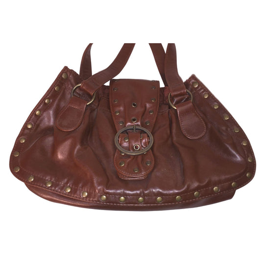 Brown Studded Faux Leather Handbag with Ring Buckle Closure