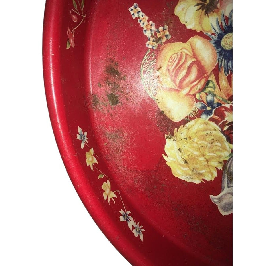 Red MASONWARE Round Tray with Floral Bouquet Art in center - Some spots of wear / rust (see photos) - Great Retro Find