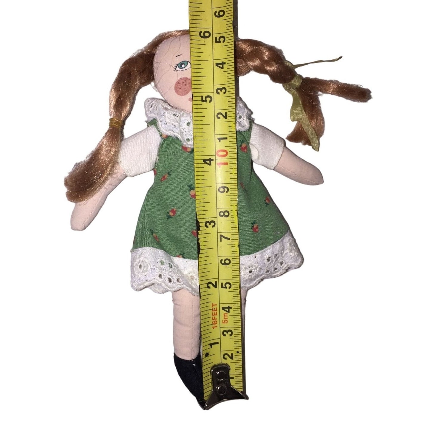 Small Companion Doll for a Larger Collectible Doll Braided Pigtails and Green pattern Dress