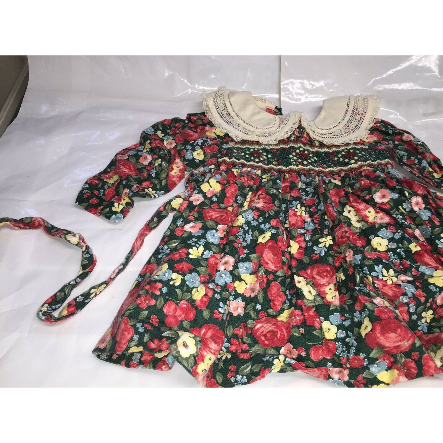 Vintage Smocked Baby Dress 12 Mos Bold Florals on Dark Lace Collar