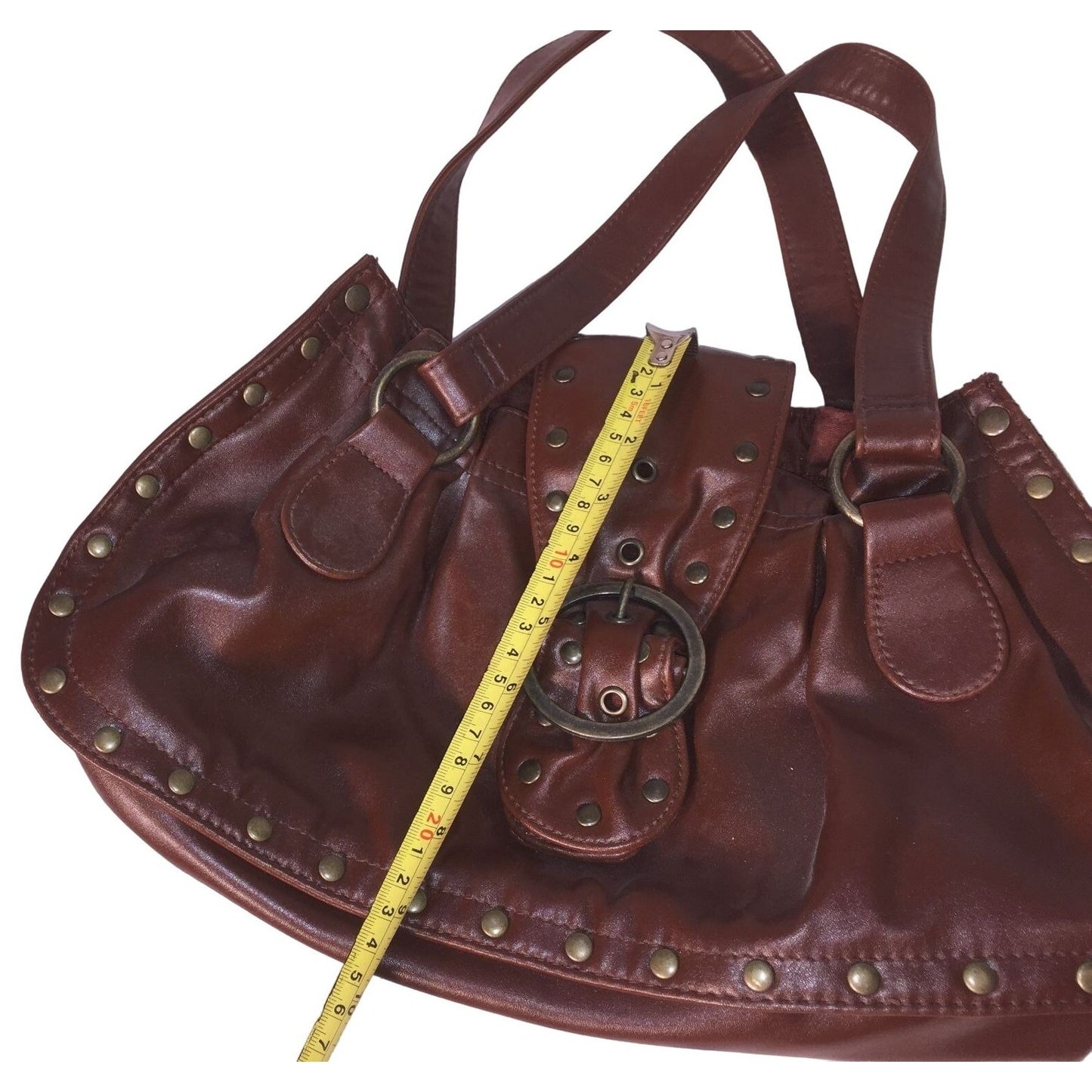 Brown Studded Faux Leather Handbag with Ring Buckle Closure