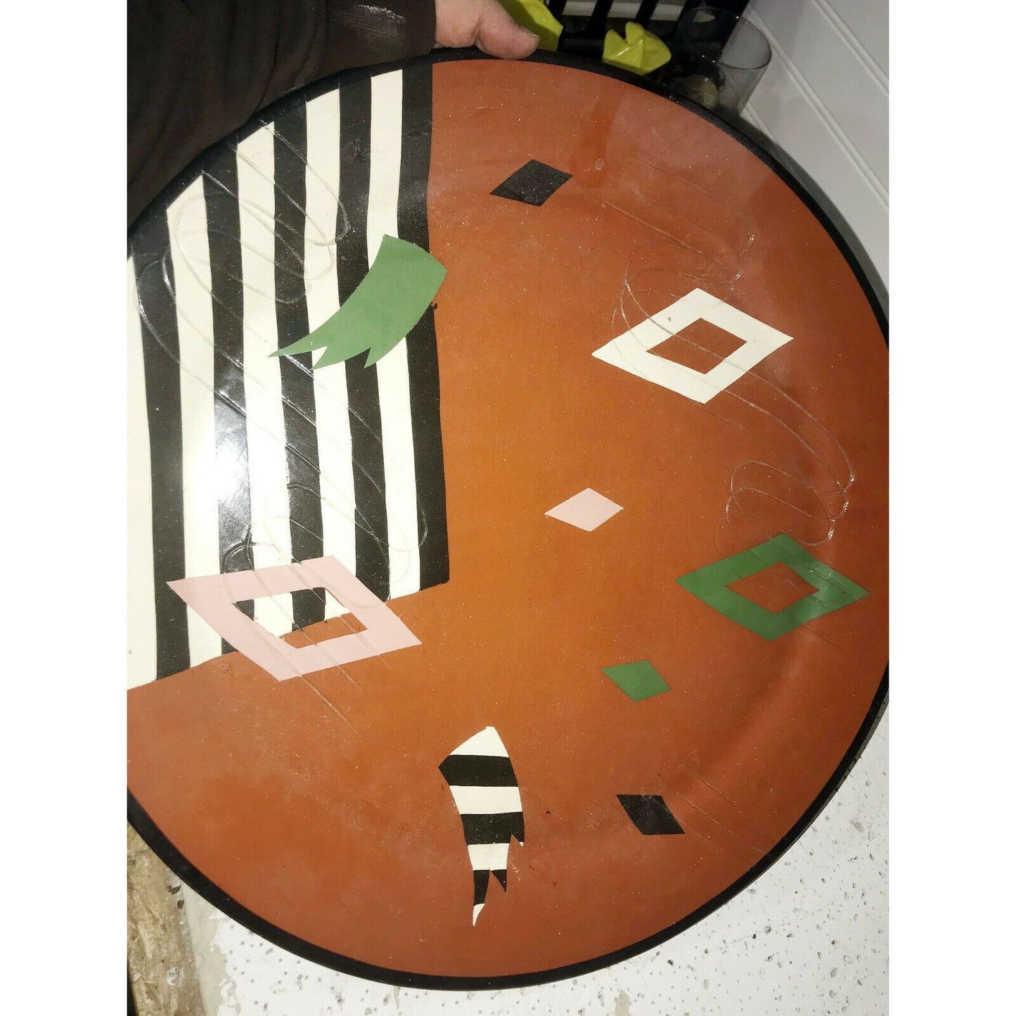 Signed Clay ART PLATTER Abstract Design Geometric 17"Glazed Modern