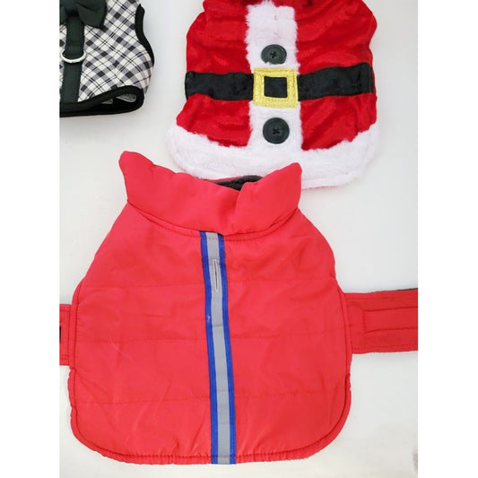 Pet Sweaters, Jacket, Fleece, Santa Outfit and Plaid Vest w bowtie - most new or like new - outfits for dog Size XS