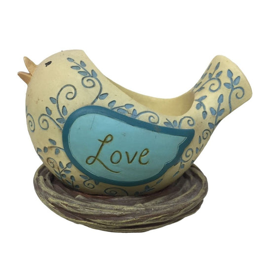 Very Cute Blue and Yellow Bird "LOVE' Votive Holder - Filagree art on birt in Nest