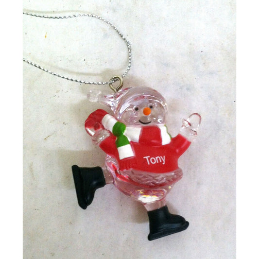 Personalized "TONY" Skating Snowman Ornament Red Black Clear White