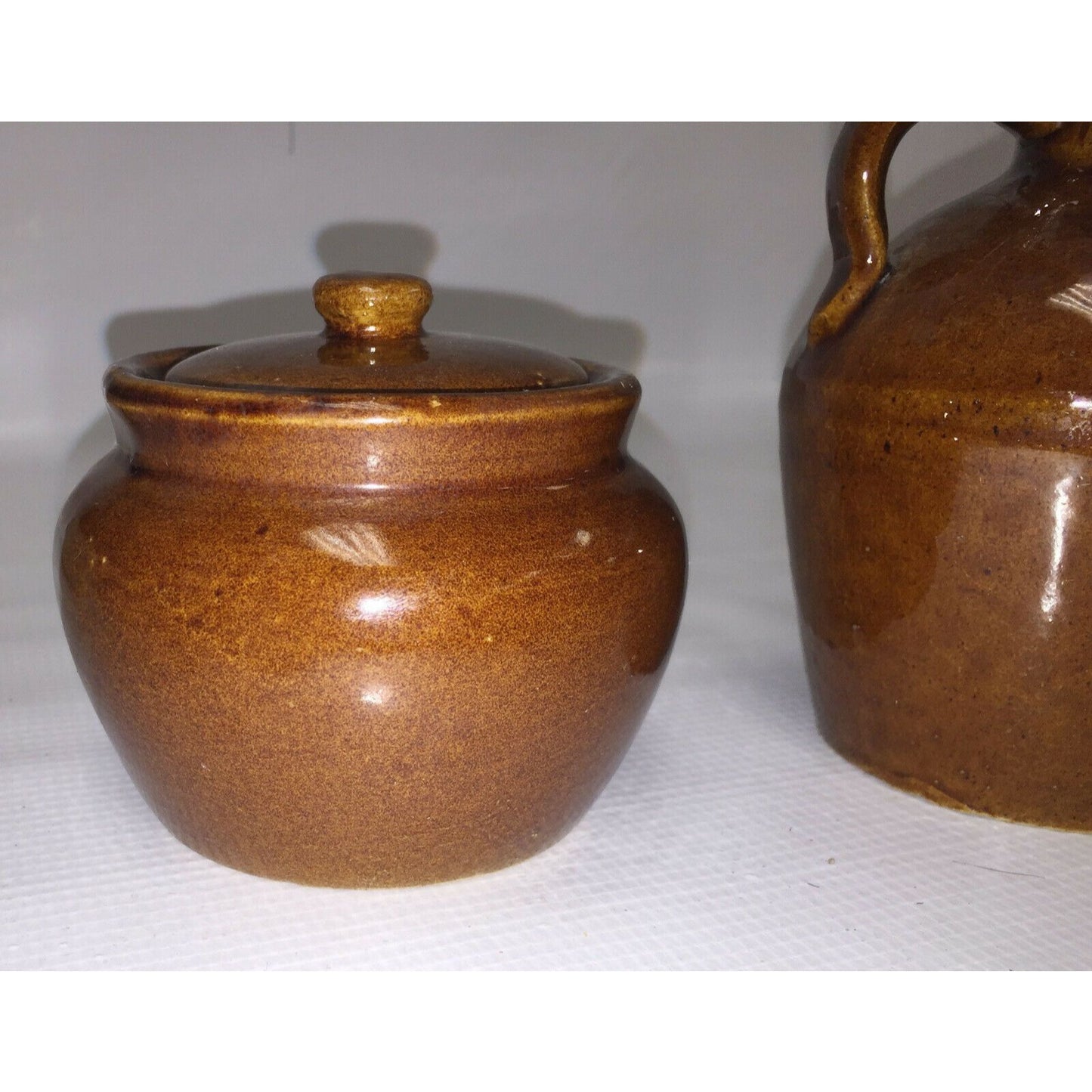 Vtg STONEWARE Set JUG and LIDDED CROCK Brown w Gloss Glaze Jar